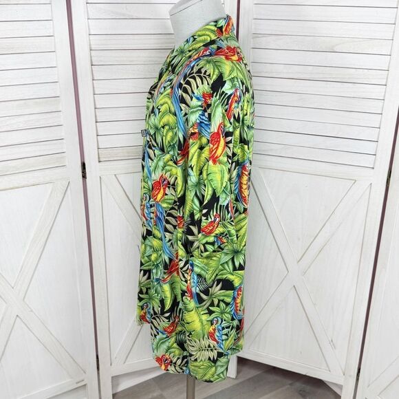 Pineapple Connection Tropical Parrots Hawaiian Camp Shirt Black Green Large - Picture 2 of 10